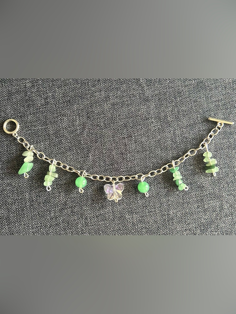 Silver Charm Chain Bracelet with Green Beads & Iridescent Butterfly